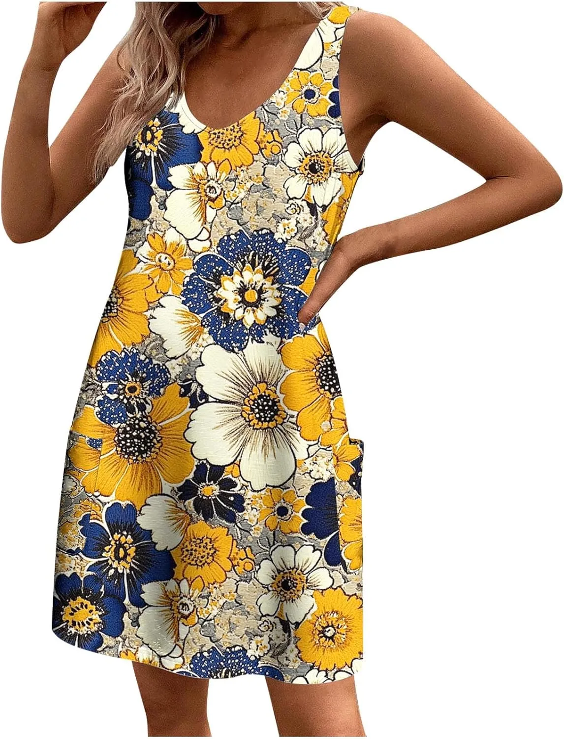 hlysgo Summer Mini Dress for Women Casual Sleeveless V Neck Beach Dresses Trendy Floral Print Short Sundress with Pockets