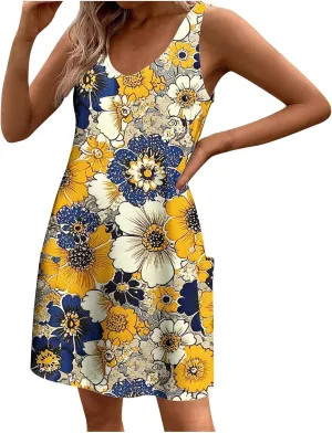 hlysgo Summer Mini Dress for Women Casual Sleeveless V Neck Beach Dresses Trendy Floral Print Short Sundress with Pockets