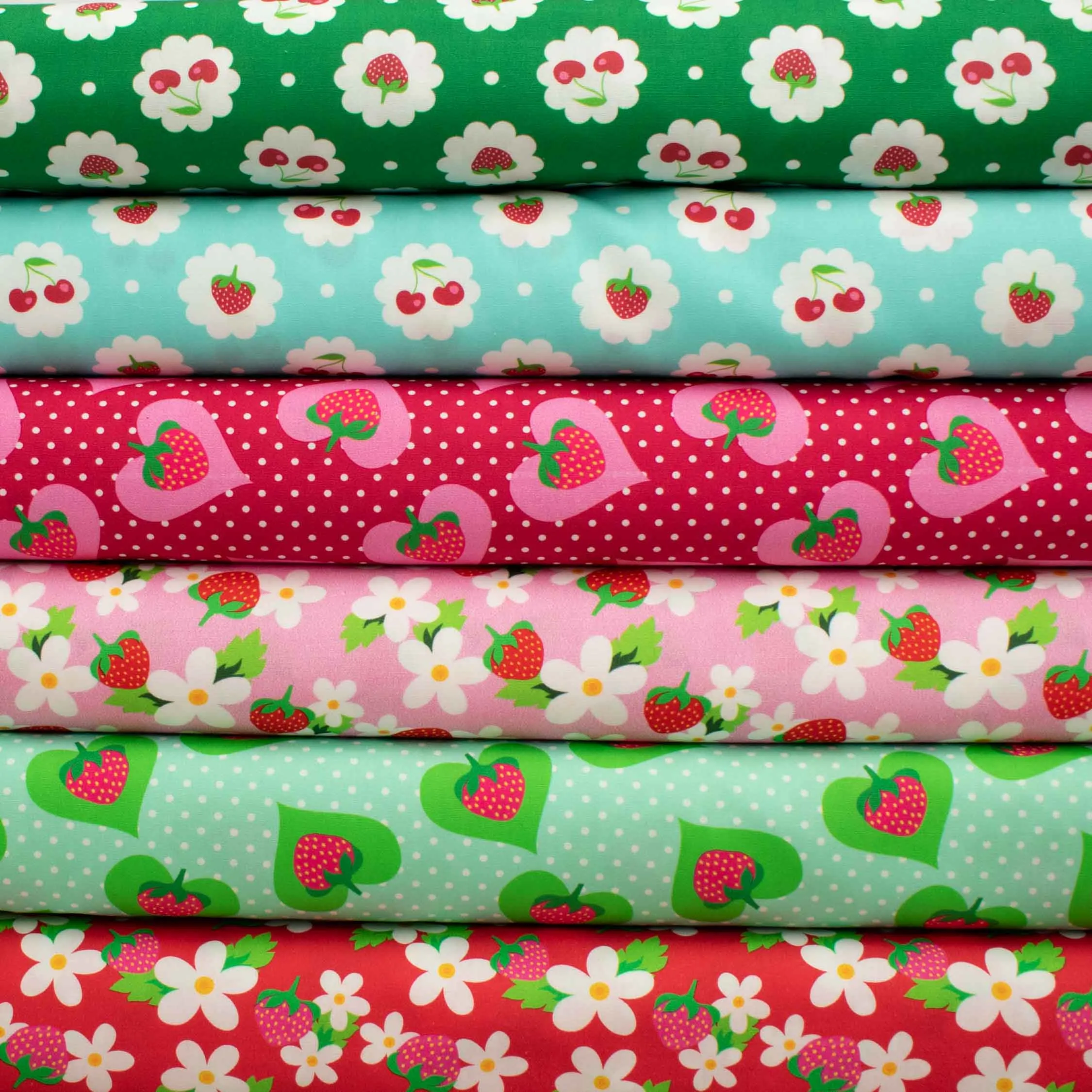 Indie Pop Strawberry Collection #08 Strawberry & Cherry on Green Cotton Prints