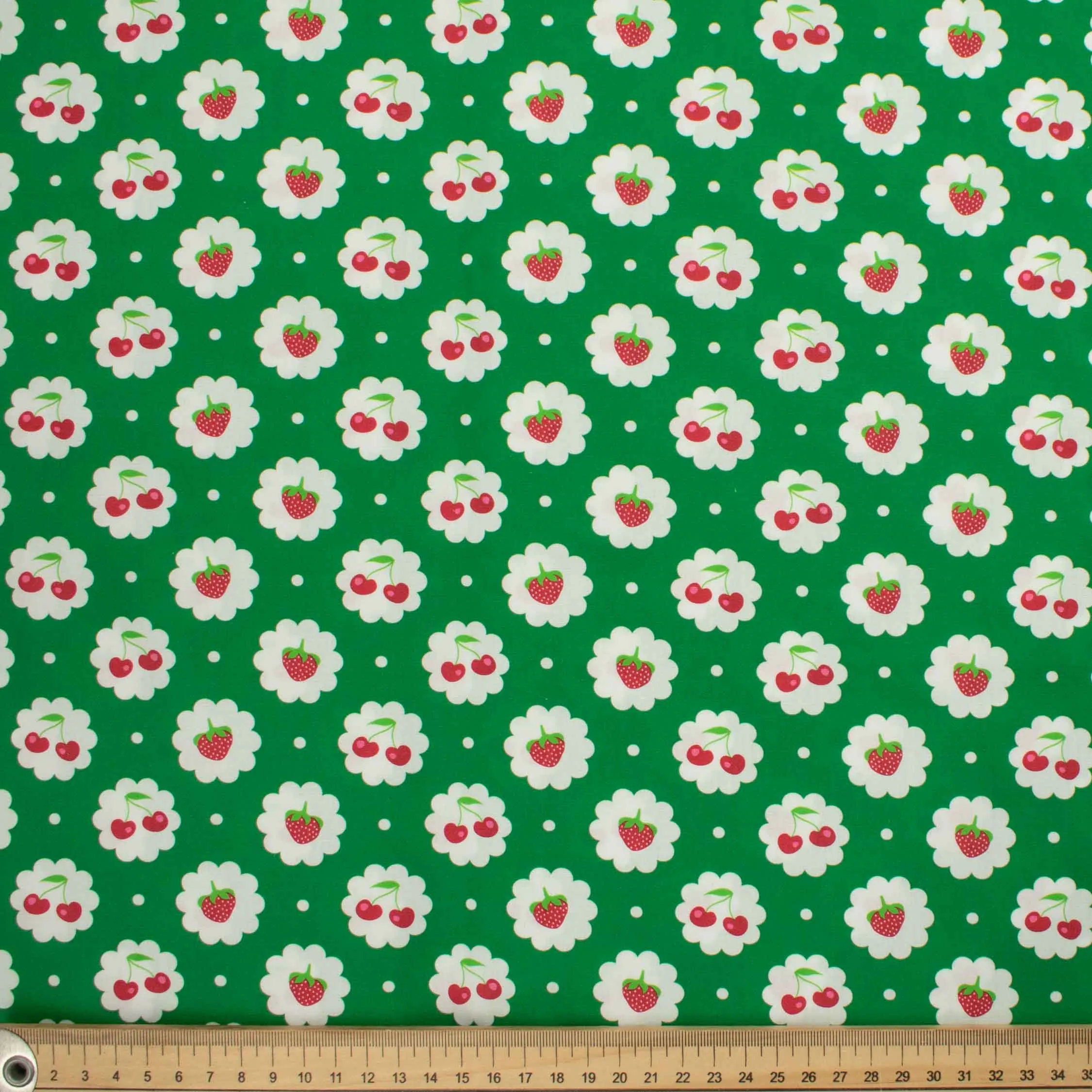 Indie Pop Strawberry Collection #08 Strawberry & Cherry on Green Cotton Prints