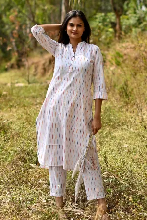 Jasmine White Handloom Ikat Kurta and Pants - Set