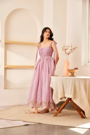 Lavender cotton chanderi hand embroidered ruched dress