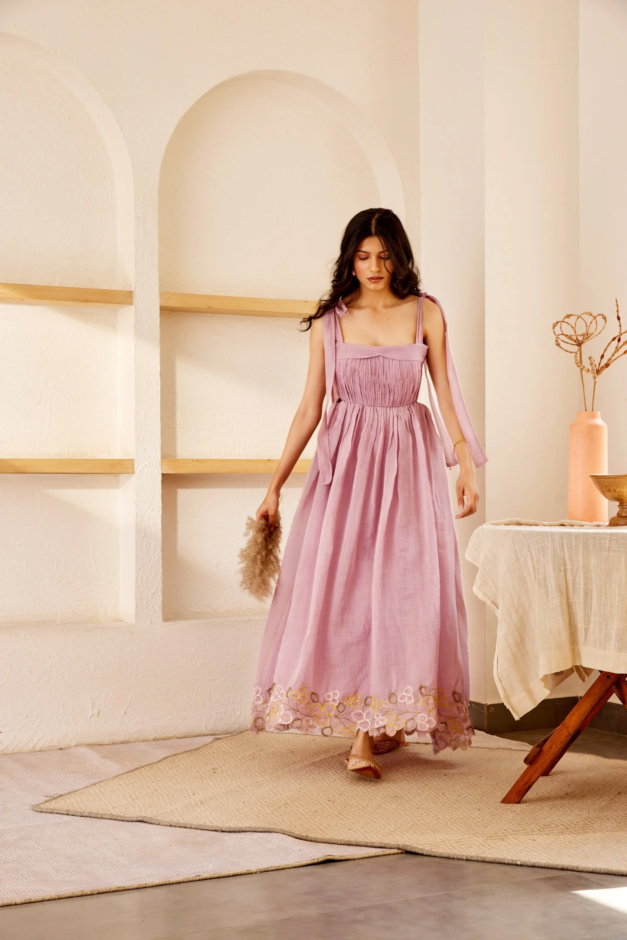 Lavender cotton chanderi hand embroidered ruched dress