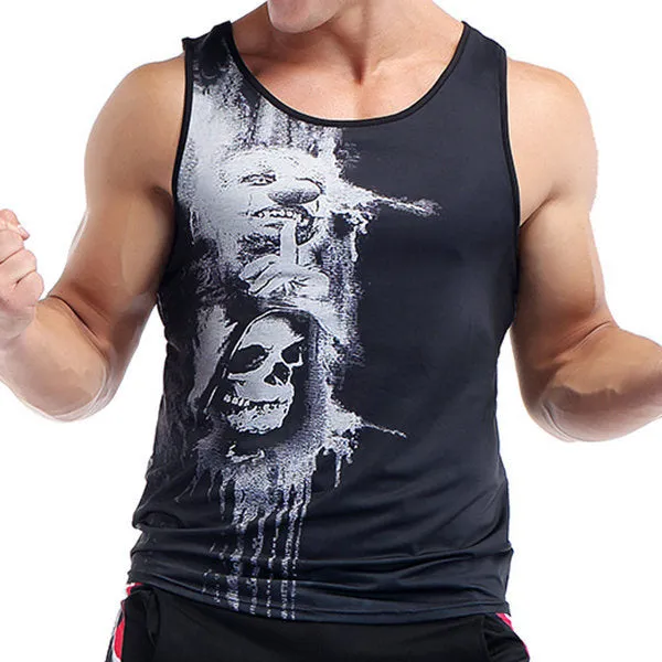 Mens Quick-drying Breathable Skeleton Printed Singlet Fitness Training Sport Tank Tops