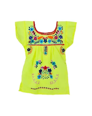 Mexican Puebla Dress for Girls Highlighter Yellow