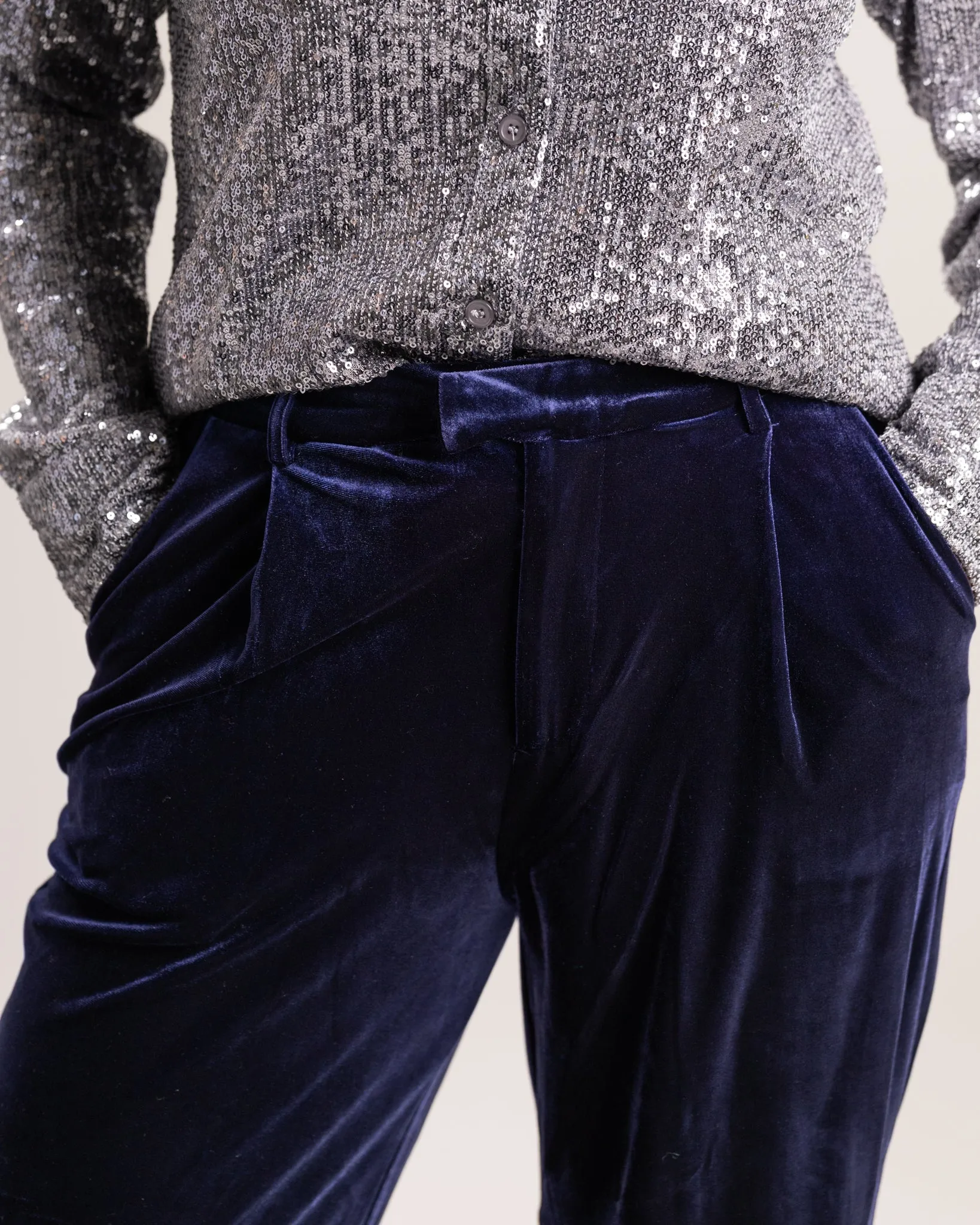 Navy Blue Velvet Wide Leg Pant