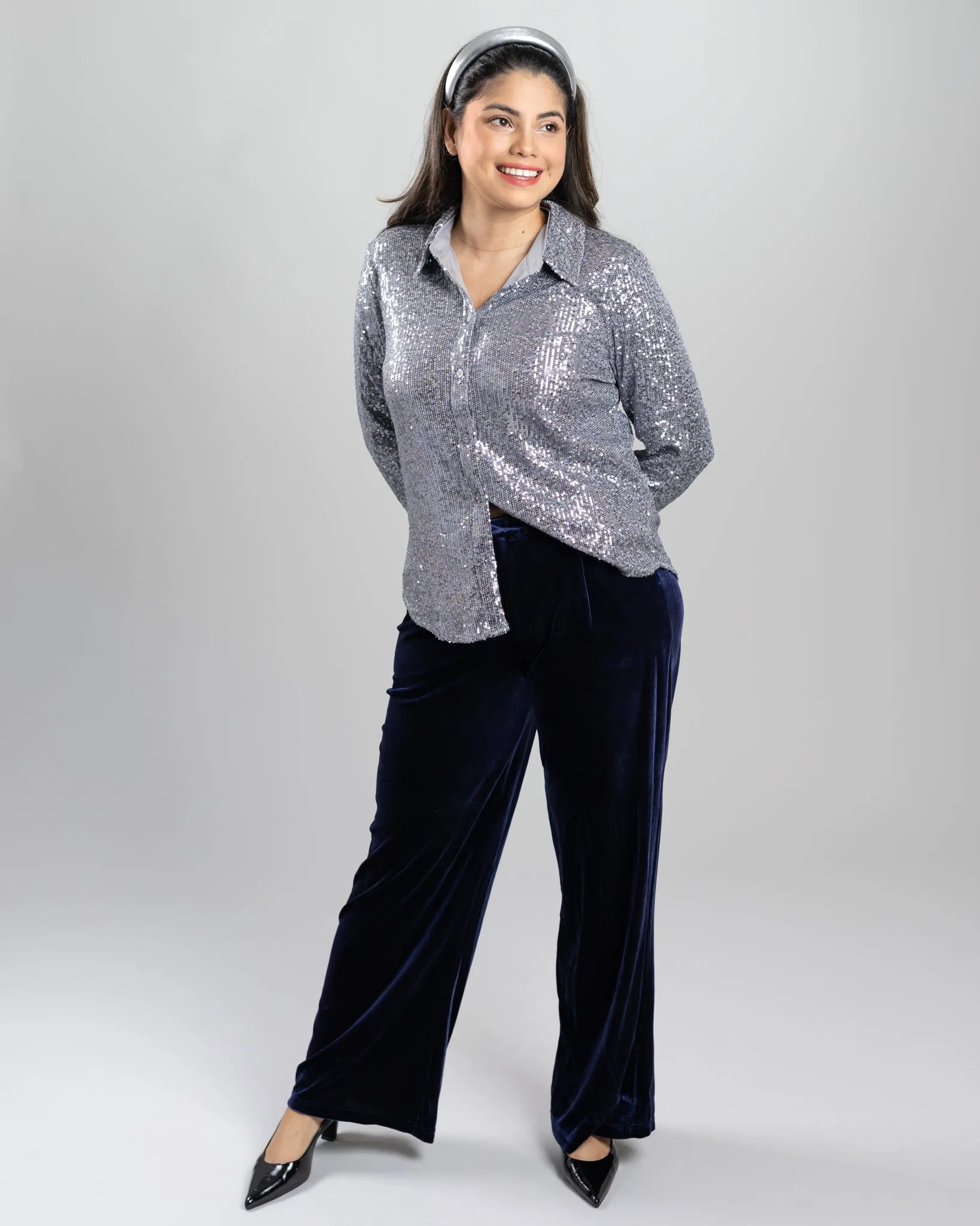 Navy Blue Velvet Wide Leg Pant