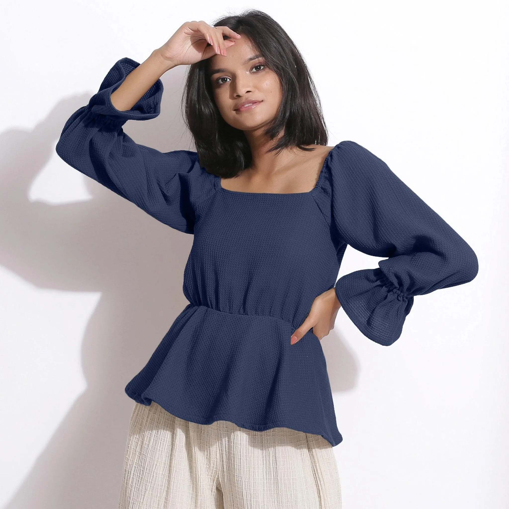 Navy Blue Warm Cotton Honeycomb Waffle Peplum Top