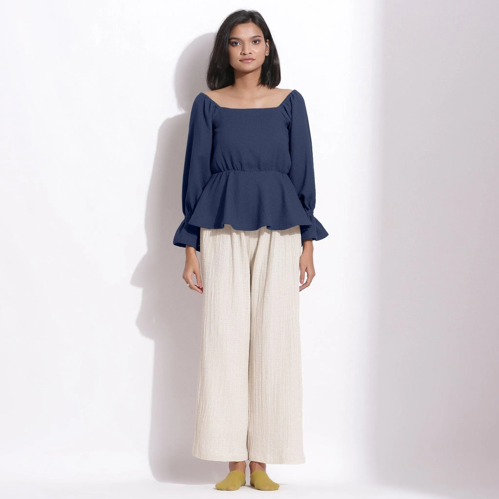 Navy Blue Warm Cotton Honeycomb Waffle Peplum Top