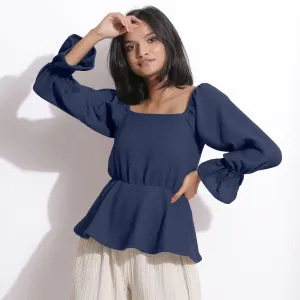 Navy Blue Warm Cotton Honeycomb Waffle Peplum Top
