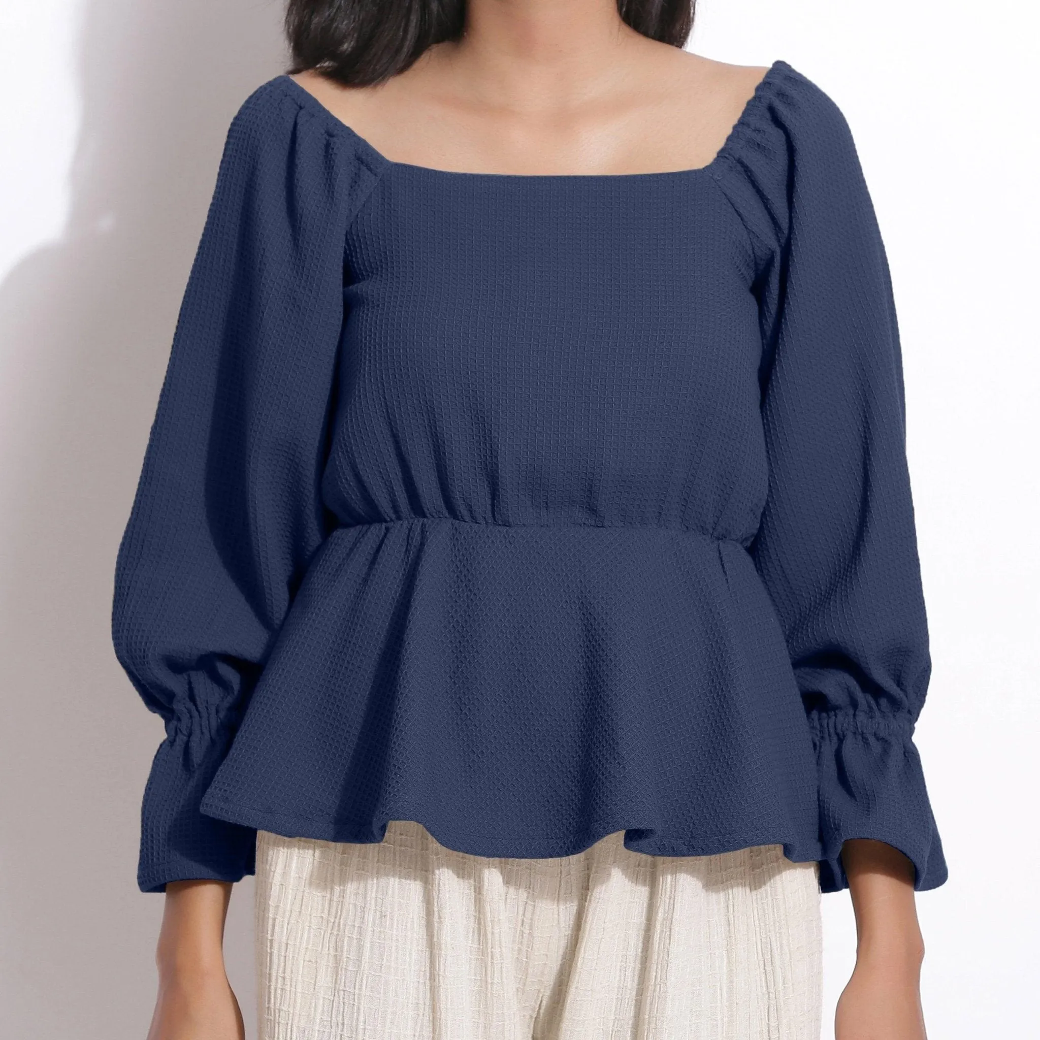 Navy Blue Warm Cotton Honeycomb Waffle Peplum Top