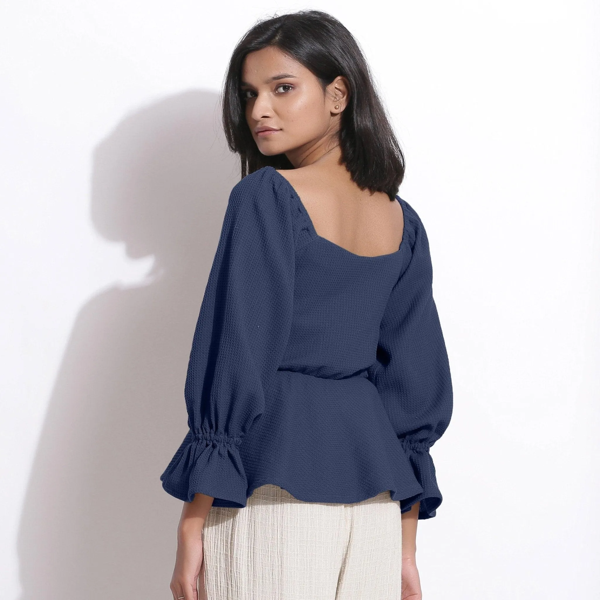 Navy Blue Warm Cotton Honeycomb Waffle Peplum Top
