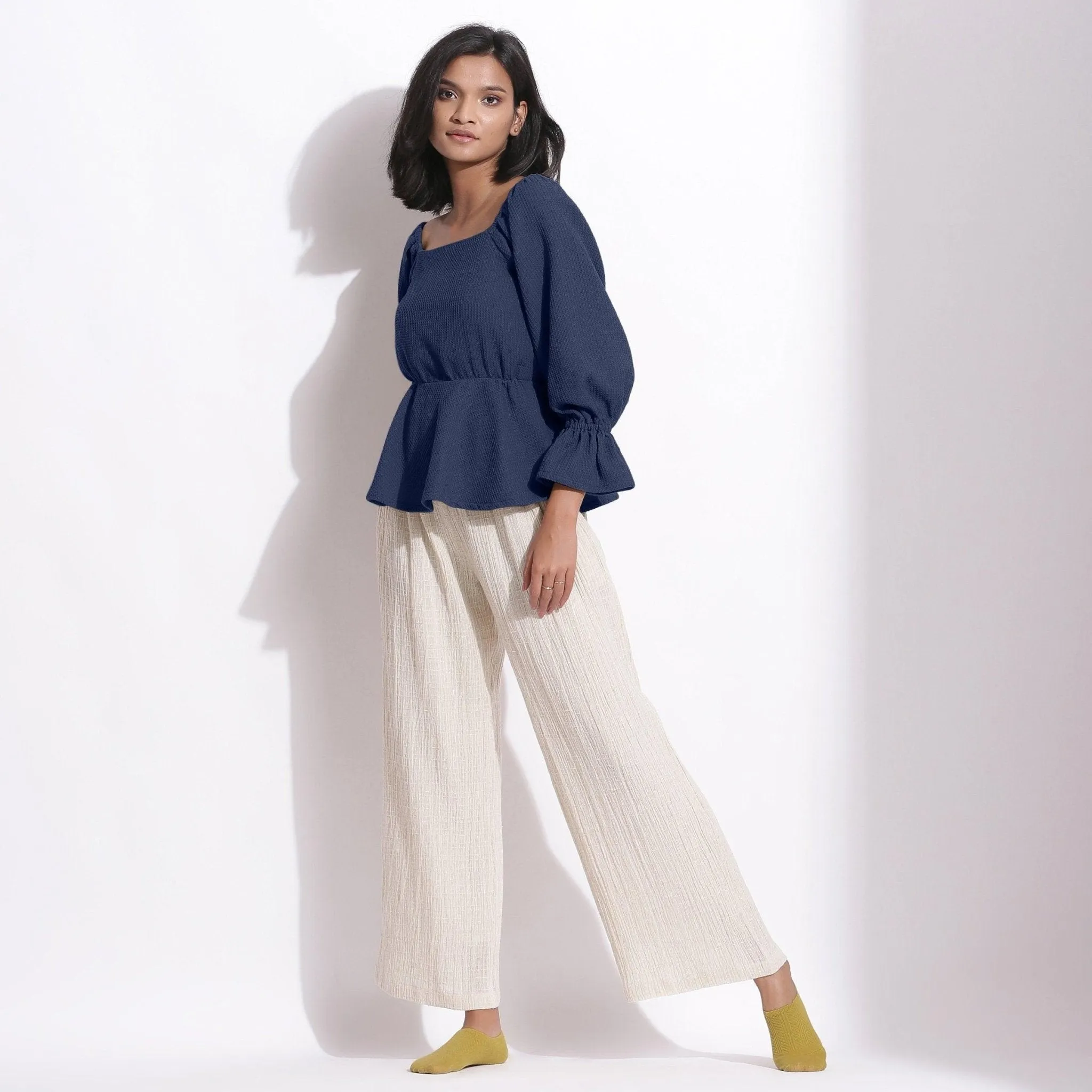 Navy Blue Warm Cotton Honeycomb Waffle Peplum Top