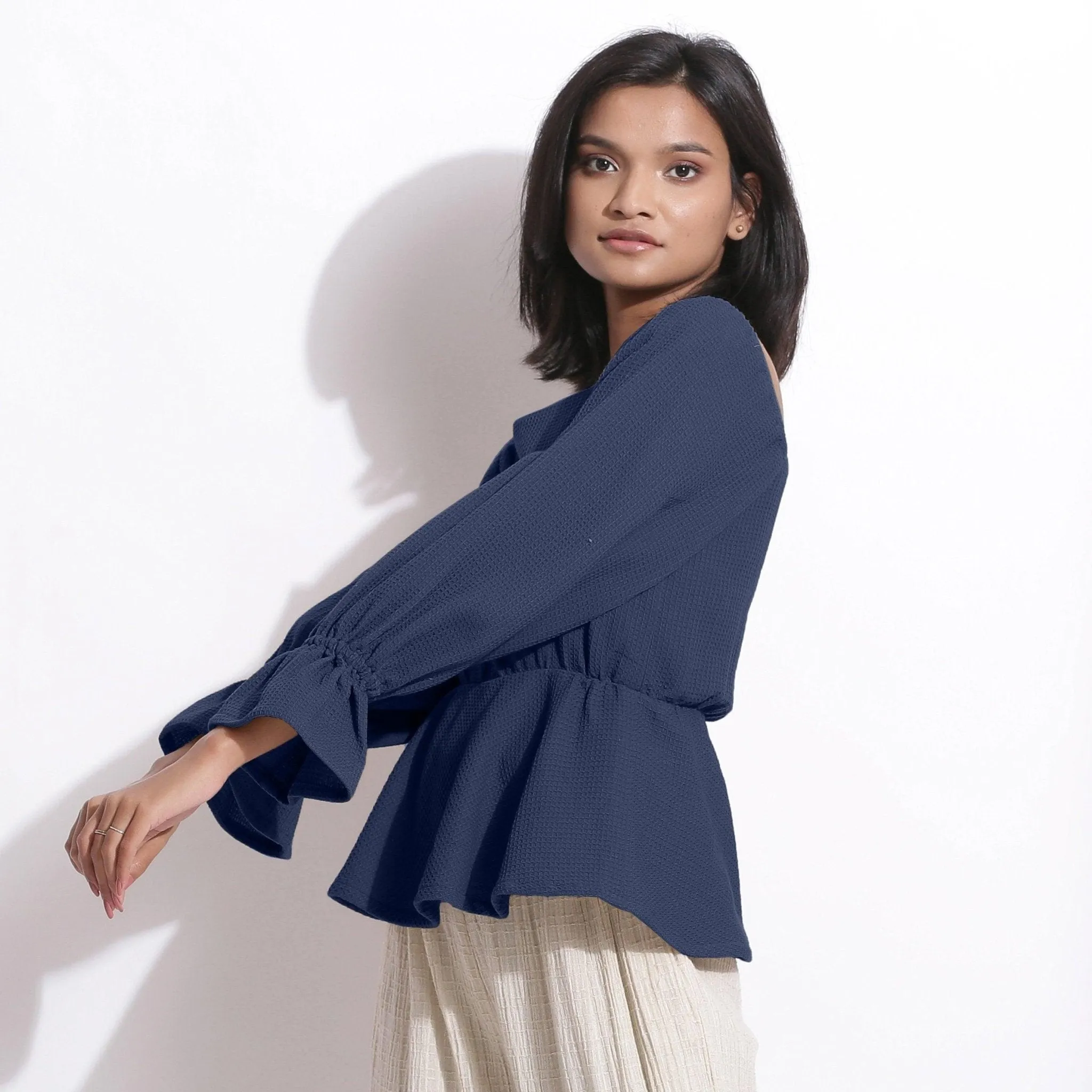Navy Blue Warm Cotton Honeycomb Waffle Peplum Top