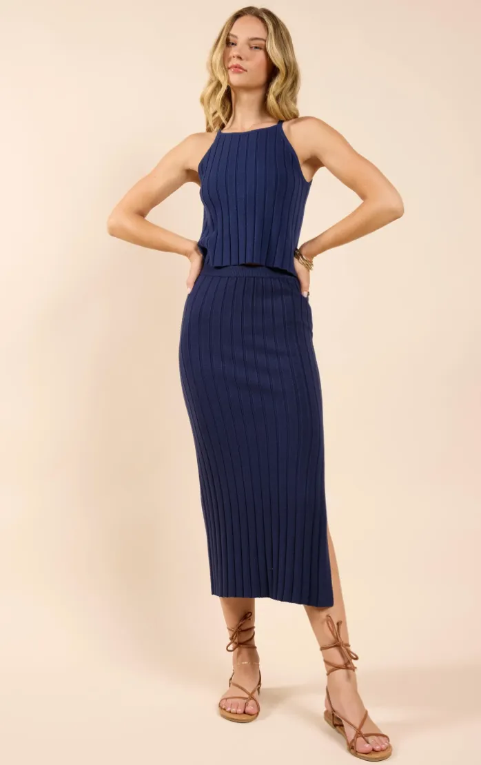 No Bad Days Ribbed Knit Midi Skirt (Navy)