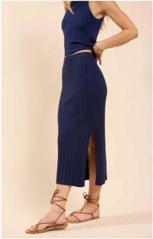 No Bad Days Ribbed Knit Midi Skirt (Navy)