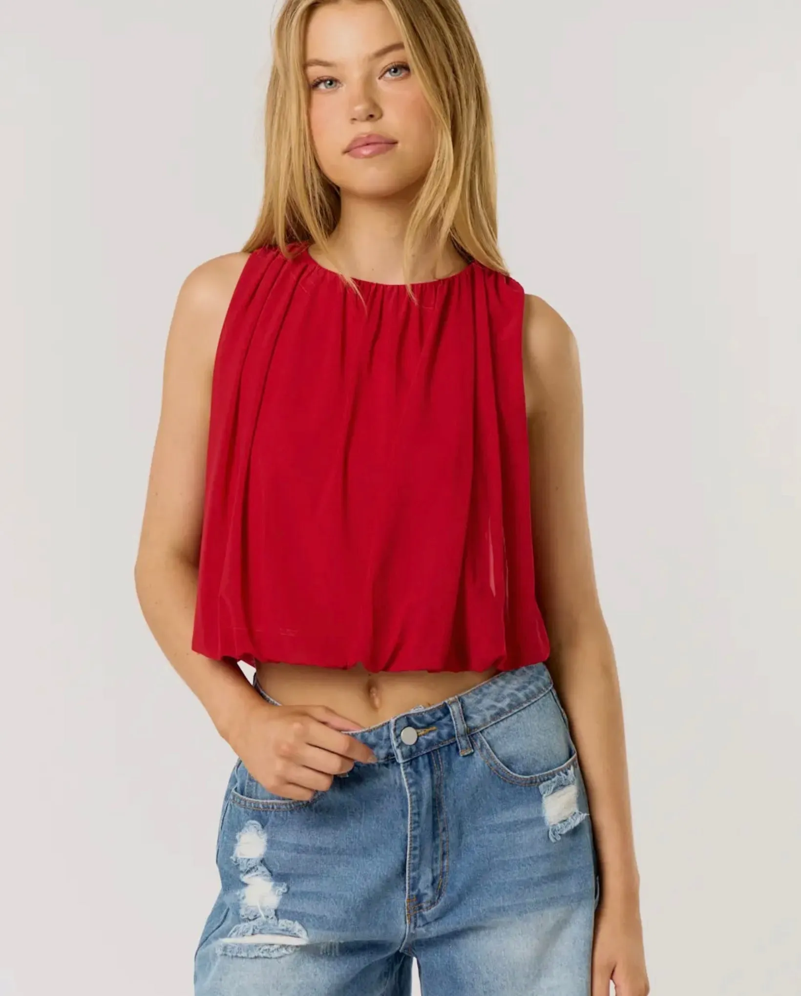 Red Sleeveless Mesh Bubble Top