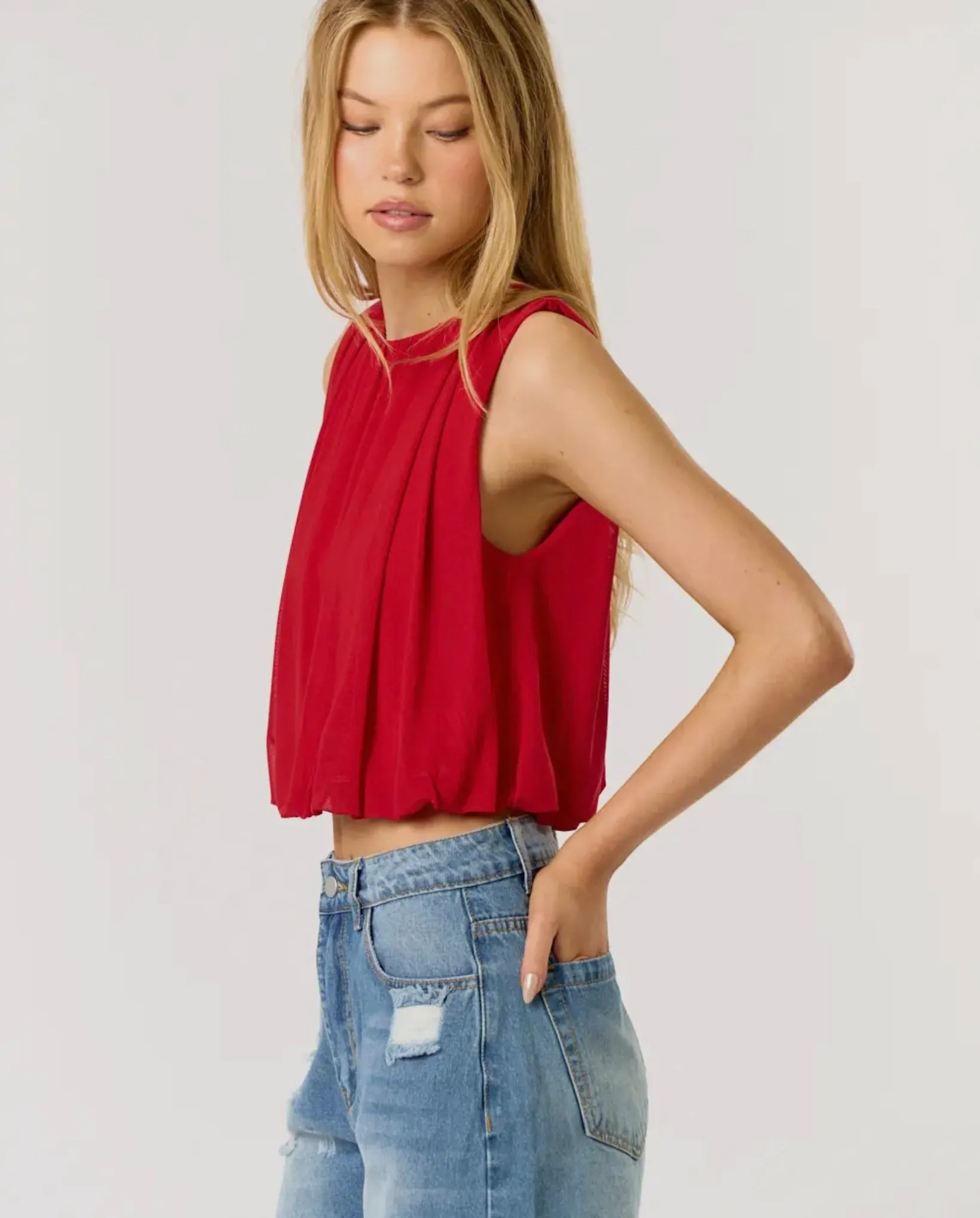 Red Sleeveless Mesh Bubble Top