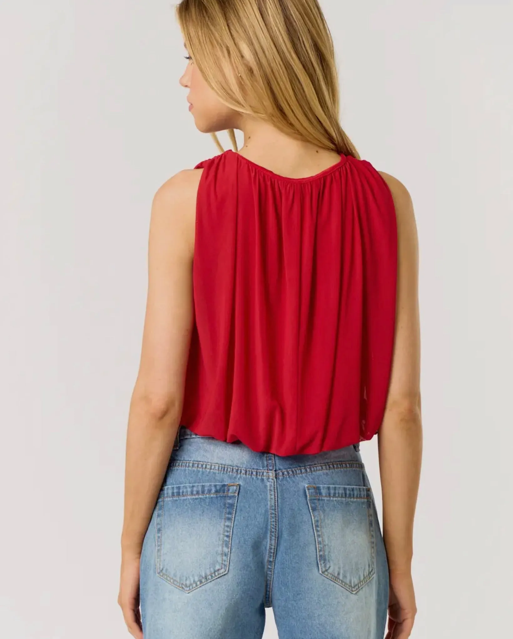 Red Sleeveless Mesh Bubble Top