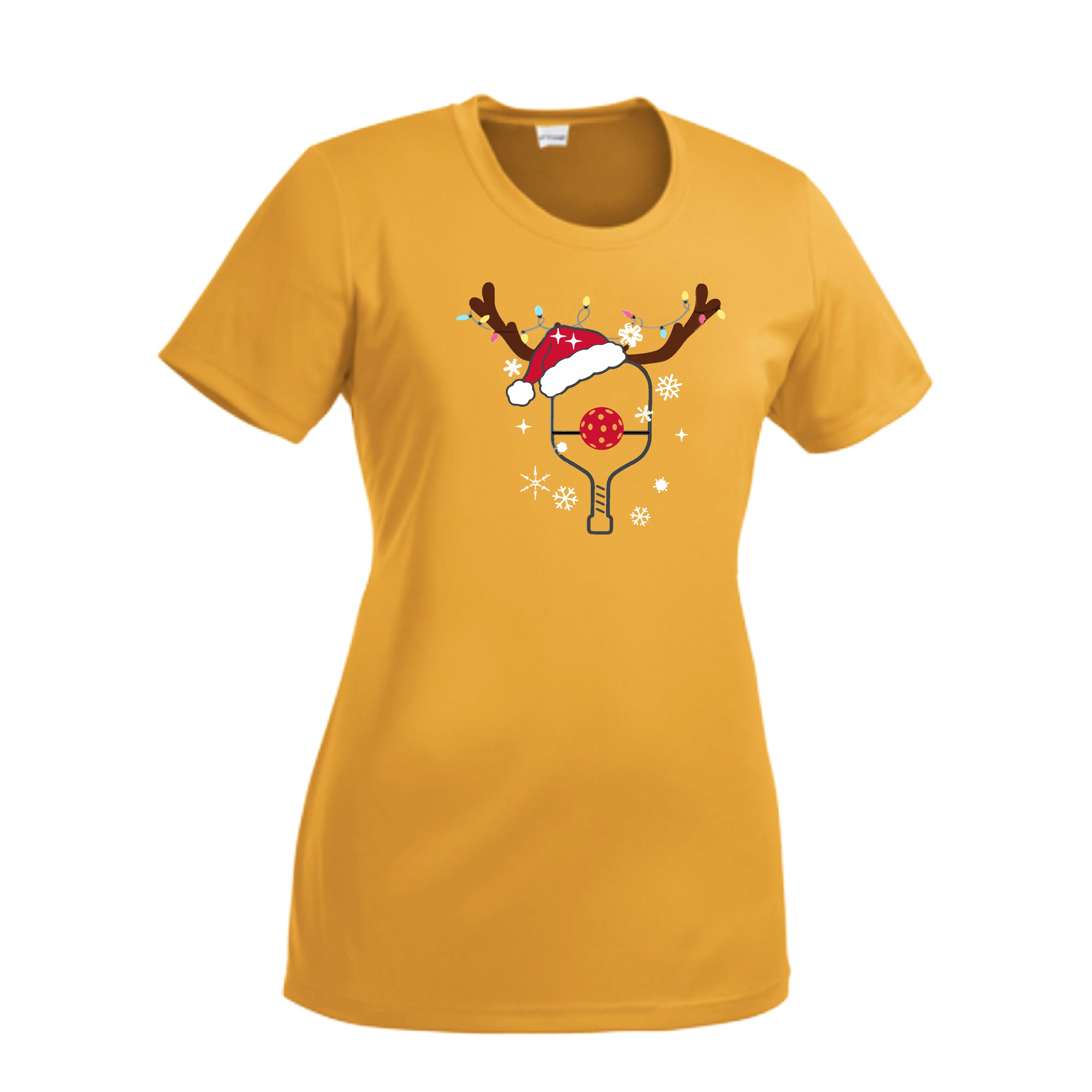 Rudolph The Pickling Reindeer Paddle | Women’s Short Sleeve Crewneck Pickleball Shirts | 100% Polyester