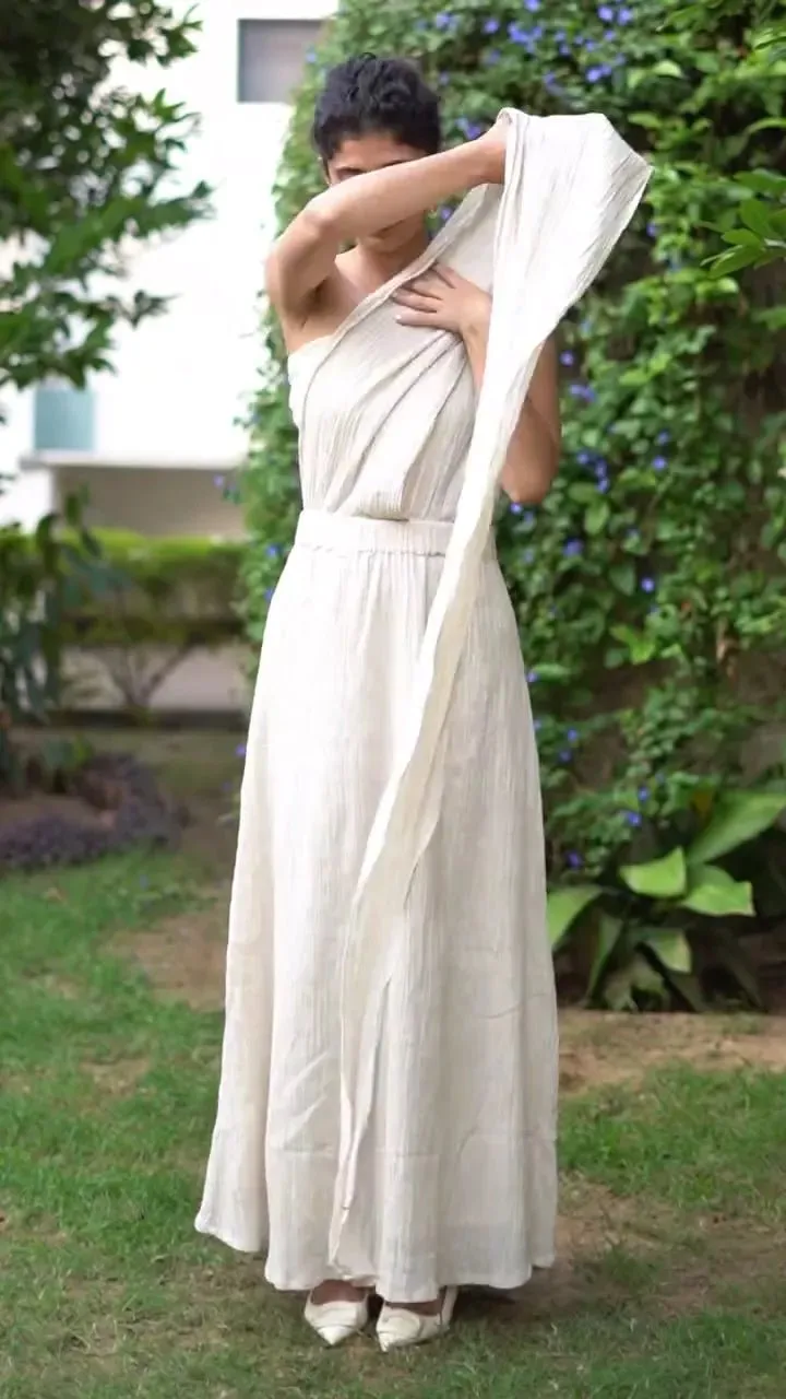 Salmon Pink Crinkled Cotton Boho Infinity Drape Gown with Matching Tube