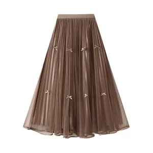 Spring Elegant Bow Mesh Midi Skirt