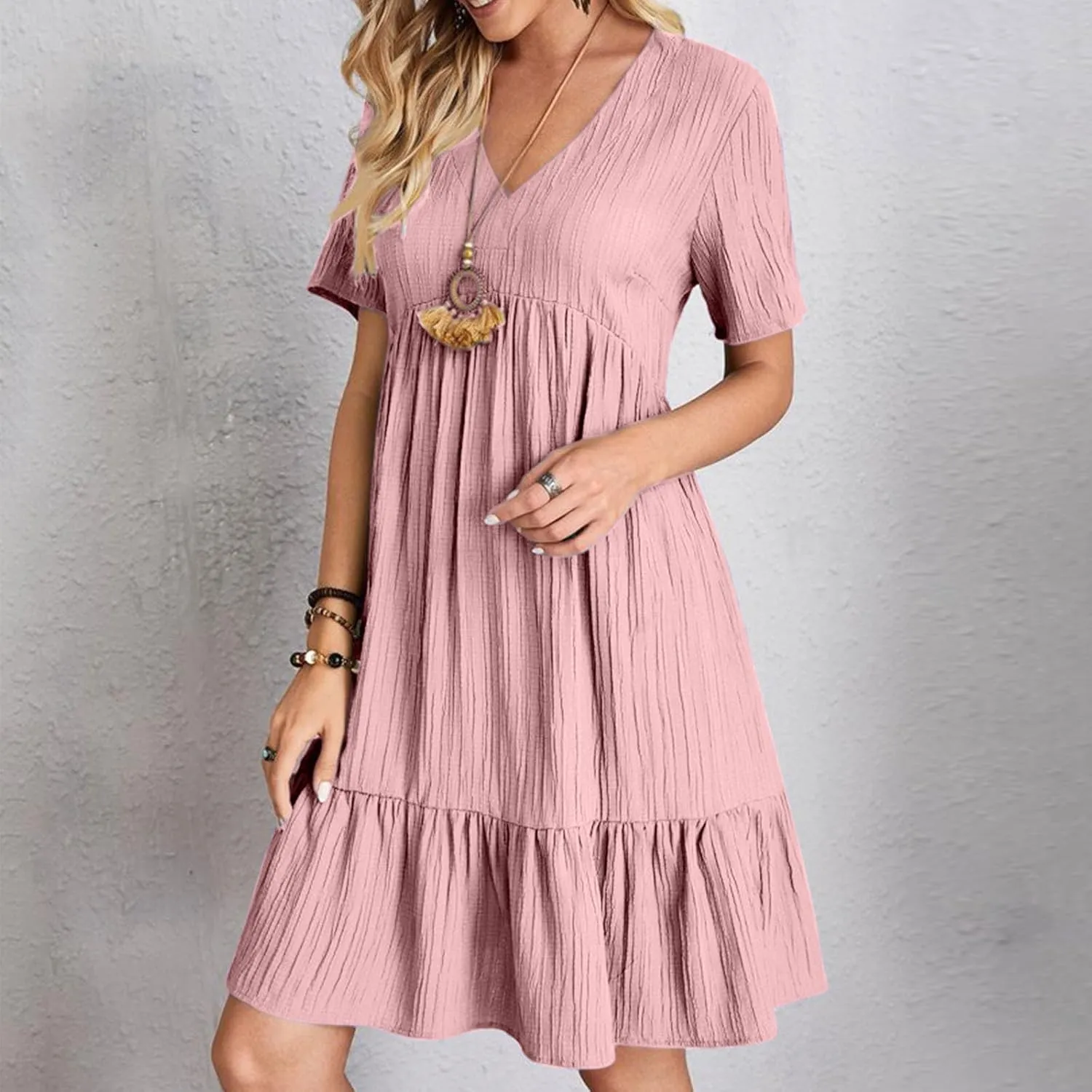 Sundresses for Women 2025 Short Sleeve Elegant Mini Dress Pleated Summer Casual Dresses Flowy V Neck Beach Dress