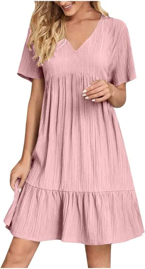 Sundresses for Women 2025 Short Sleeve Elegant Mini Dress Pleated Summer Casual Dresses Flowy V Neck Beach Dress