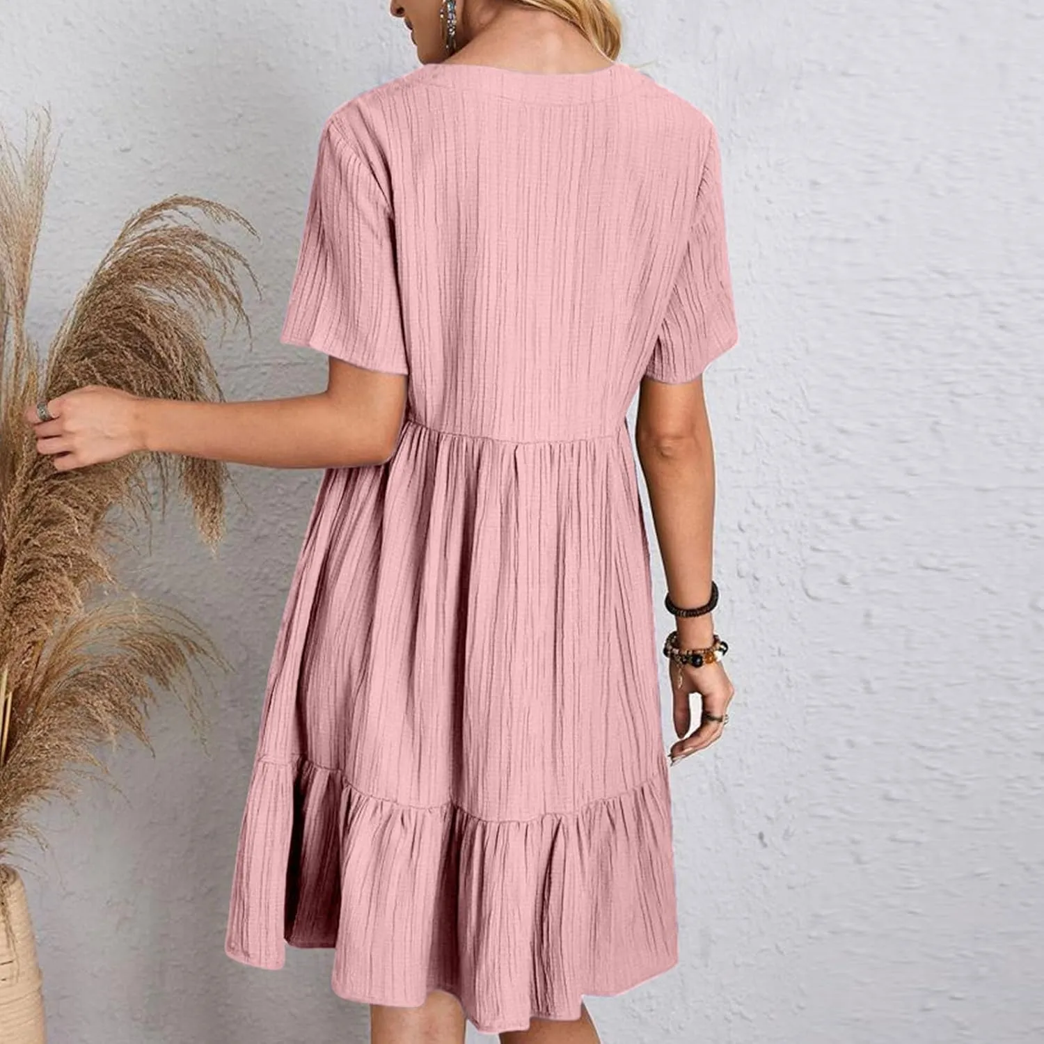 Sundresses for Women 2025 Short Sleeve Elegant Mini Dress Pleated Summer Casual Dresses Flowy V Neck Beach Dress