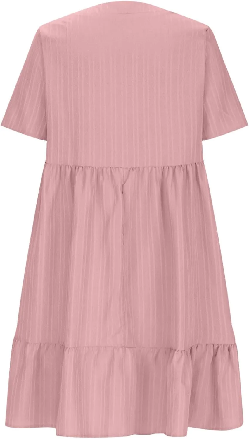 Sundresses for Women 2025 Short Sleeve Elegant Mini Dress Pleated Summer Casual Dresses Flowy V Neck Beach Dress