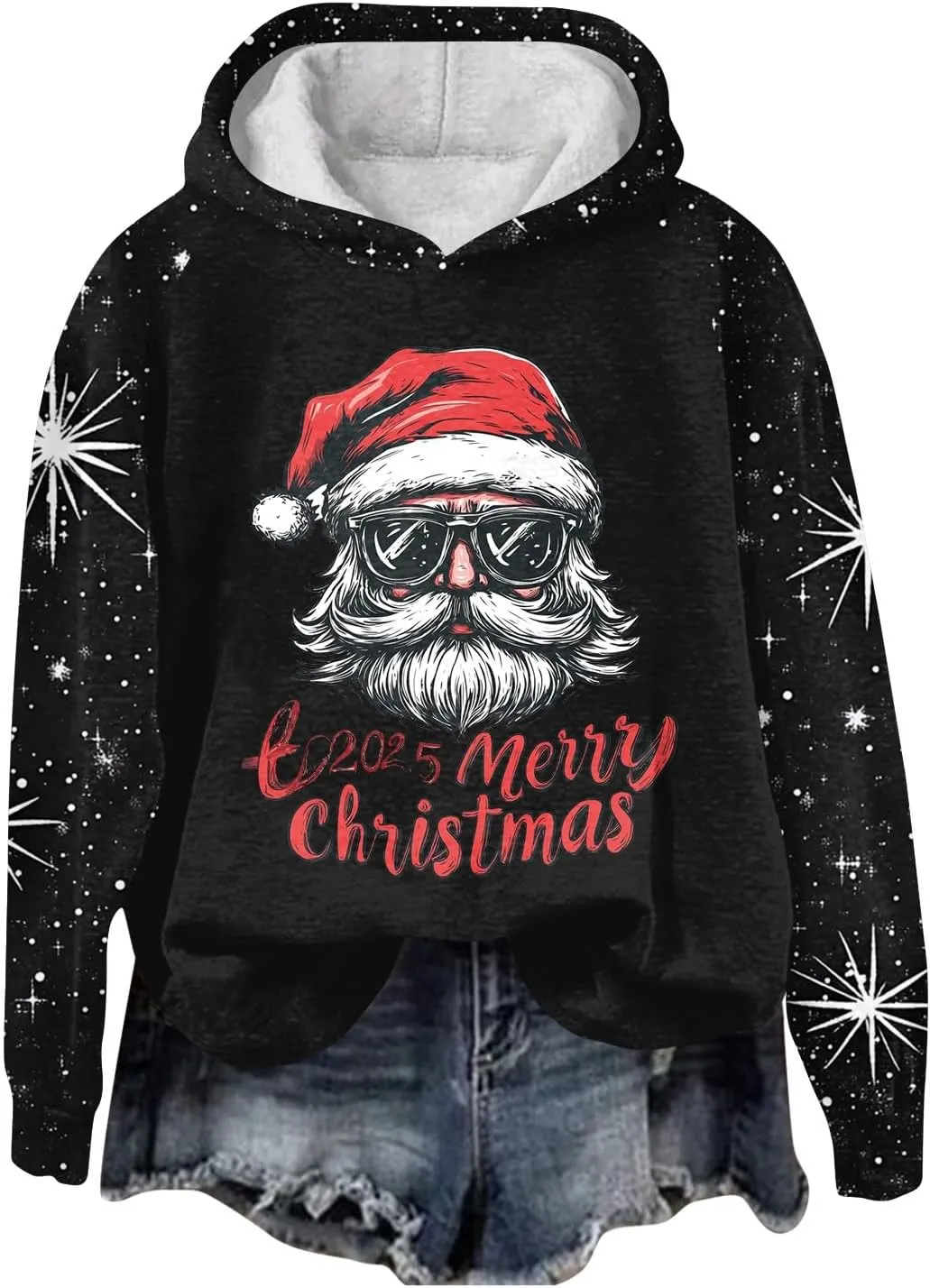 Ugly Christmas Hoodie, Womens Long Sleeve 2024 Sweatshirts Loose O Neck Shirt Snowflake Print Pullover Tshirt Daily Tops