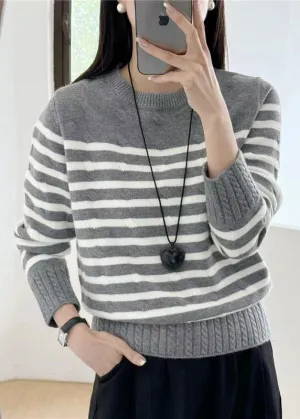 Women Grey Striped Cozy Knit Sweaters Fall QG016