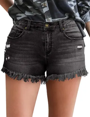 Women's Casual Mid Rise Ripped Denim Shorts Frayed Raw Hem Jeans